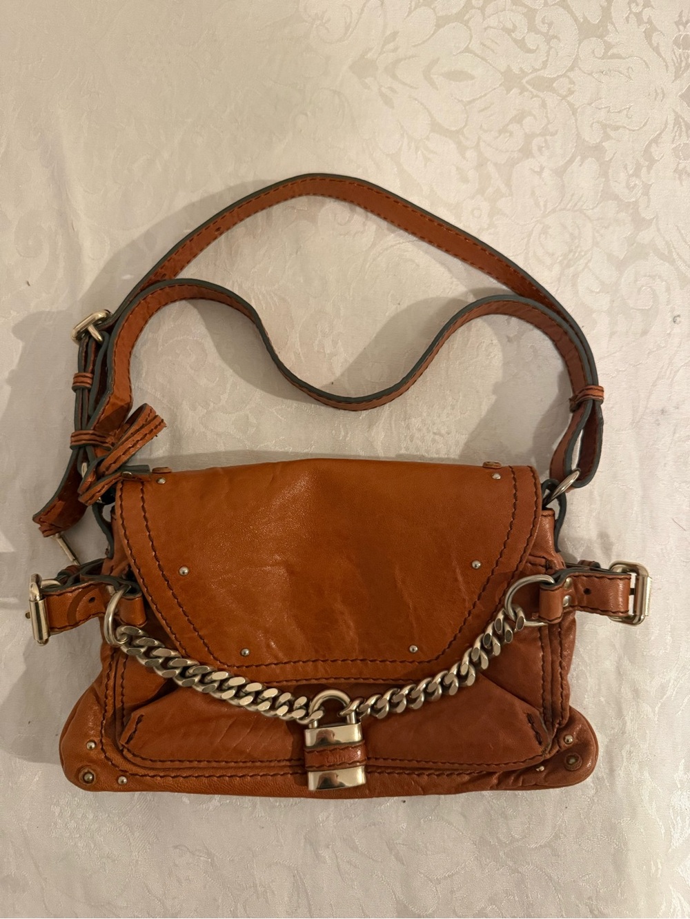 Authentic Chloé Paddington Leather Shoulder Bag Cognac Brown Chain Lock Rare